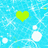 A pixelated heart-shaped icon in bright green against a light blue background with scattered white and pale yellow pixels.
