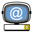 Four identical retro-style monitors with blue screens display a white @ symbol, then a pixelated version of the same symbol, and finally an empty screen.