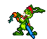 Green cartoon character with red headband and blue shield performs sequential actions including swinging orange object, emitting small orange particles, and changing facial expressions.