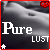 A contact sheet of 8 animated frames showing a grayscale belly with navel, overlaid text "Pure" and "LUST", red heart symbols, white stars, and varying text color transitions.