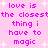 Pink background with repeated purple text 'love is the closest thing i have to magic' and white starbursts, no visible animation changes.