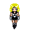 Pixel art of a character with yellow hair, black outfit, and brown legs in two states: closed eyes on left, blue eyes open on right.