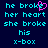 Pixelated cyan text on dark blue background with a pink heart symbol replacing the 'e' in 'broke', repeated across multiple lines.