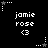 Pixelated black background with white text 'jamie rose' and '<3', surrounded by small star icons in various states of brightness.