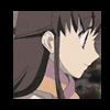 Anime-style character with brown hair and purple scarf in multiple poses showing facial expressions, background transitions from outdoor to window view.
