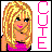 Pixelated cartoon-style icon of a blonde woman with blue eyes, pink lips, and a black bow tie on a purple top against white background.