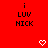 Red background with repeated 'i LUV NICK' text and white pixelated hearts in a pattern