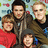 A pixelated group photo of five people on a red background with text elements below and to the right.