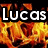 Animated fire background with changing text overlays including 'Lucas', 'Just Another Way To Spell', and 'HOT' in white pixelated font.