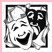 Black-and-white theatrical masks with one smiling and one frowning face inside a square frame, next to pink text reading 'Drama Freaks Rock' on white background.