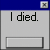 Four gray with blue borders display text changes across frames, showing 'I died.' and 'Go away..' in pixelated font with button elements