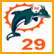 four with orange borders: top-left shows a teal dolphin leaping over an orange gear-like shape and the number 29; top-right displays a blue-and-red flag icon with red number 28; bottom-left contains black text "So how 'bout them Dolphins?"; bottom-right is empty gray
