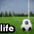 Pixelated image of a soccer ball on grass with blue sky and trees, featuring the word 'life' in white text on black background.