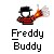 Pixelated character in black hat and red striped shirt holding a fiery object, with 'Freddy Buddy' text below on gray background.