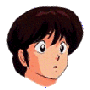 Two anime-style character heads side-by-side, left with brown hair and right with dark blue hair featuring a light blue crescent mark.