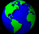 Animated globe rotates through multiple views showing green continents and blue oceans on a black background.