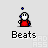 Pixel art character in red outfit with white face and blue accents, shown across with varying head positions and hand gestures beneath 'Beats' text