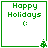 Green pixelated text 'Happy Holidays' with a smiley face and small tree icon in the corner of a white square frame.