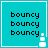 Four identical cyan square with white borders display the word 'bouncy' repeated three times in black pixelated text, each containing a white pixelated plus sign and snowflake-like shape in the bottom-right corner