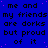 Blue background with repeated black text 'me and my friends are dorks but proud of it' in pixelated font, scattered purple dots, and a solid gray rectangle in bottom-right corner.