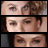 A 2x2 contact sheet of four animated frames showing close-up facial features with text overlays in two frames, displayed on a gray background.