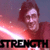A pixelated image of a person with short brown hair wearing a red shirt, smiling against a gradient background with the word "STRENGTH" at the bottom.