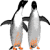 Two penguins stand side-by-side with orange feet, black heads and wings, white chests, and gray bodies; the left penguin's head is tilted right while the right penguin faces forward.