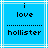 Blue background with white lines, black text reading 'i love' above dotted line and 'hollister' below it