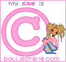 Pixel art doll avatar with blonde dreadlocks, pink top, blue pants, and green eyes, positioned next to a large pink copyright symbol on a white background.