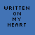 Blue background with pixelated text 'WRITTEN ON MY HEART' on left, and a pixelated image of two people embracing on right.