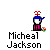 Pixel art icon of a figure with blue cap and purple outfit, surrounded by text bubbles and repeated name labels on gray background.