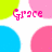 Pixelated text 'Grace' in pink appears over a of overlapping circles in bright green, blue, and pink on white background