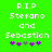 Green background with white pixelated text reading 'R.I.P Stefano and Sebastion' and five purple and gray asterisk-like symbols below.