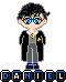 Pixel art character with black hair, blue eyes, and glasses; wearing a black robe over gray pants and blue shoes; name "DANIEL" below in block letters.