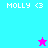 Pixelated icon with 'MOLLY' text and '<3' symbol on cyan, purple, pink backgrounds; two star-shaped figures in different colors appear sequentially.