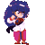 Pixel art character with blue afro hair, white shirt, pink pants, and black belt performing martial arts poses against gray background.