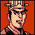 Pixelated 50x50 static icon of a character with light skin, dark hair, and sunglasses against an orange background, wearing a checkered shoulder pattern.