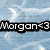 A light blue background with white swirling lines and a black banner containing the text 'Morgan<3' in white pixelated font.