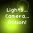 Four identical display 'Lights... Camera... Action!' text over a green gradient background with subtle light effects