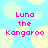 Pixelated text 'Luna the Kangaroo' in pink on light blue background with yellow circular shapes.