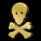 Golden 3D skull and crossbones icons with varying poses, expressions, and orientations on a black background.