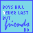 A 3x2 contact sheet of six animated frames showing a pixelated blue text-based icon with the phrase "BOYS WILL NEVER LAST BUT friends DO" on light blue backgrounds, where each frame displays slight variations in letter spacing and character positioning.