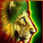 Pixelated static image of a stylized animal face with golden-yellow fur, dark eyes, and green background elements.
