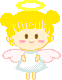 Pixel art angel character with yellow hair in buns, pink cheeks, white dress, and wings across four animation frames showing halo presence/absence.