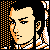 Pixelated static icon of a person's face with orange and black background elements, rendered in low-resolution 8-bit style.