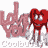Animated contact sheet showing 10 sequential frames of a red heart-shaped character with eyes and limbs, repeating the word 'Coolbuddy' in pink cursive text behind it on a white background.