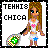 Pixel art icon of a female character holding a tennis racket with green and yellow strings, standing beside text reading 'TEHNI8 CHICA' on white background.
