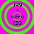 Four identical circular icons with green concentric rings on a bright pink background, each displaying text 'joy + vero <33' in black pixelated font.