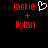 Red pixelated text 'Jackie' and 'Dylan' with a white heart symbol above the plus sign on black background.