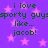 Purple background with pink stars and green text repeating 'i love sporty guys like... jacob!' in a pattern